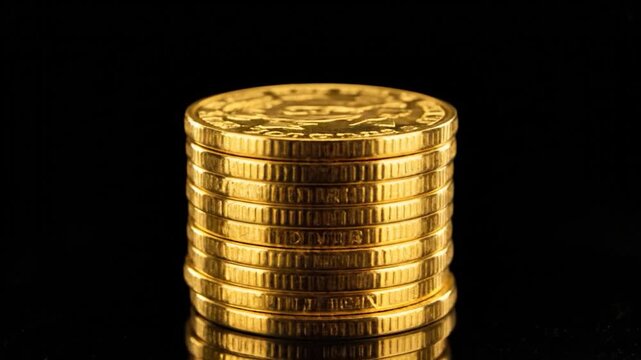 A stack of shiny, gold coins against a black background. Close-up with detailed texture
