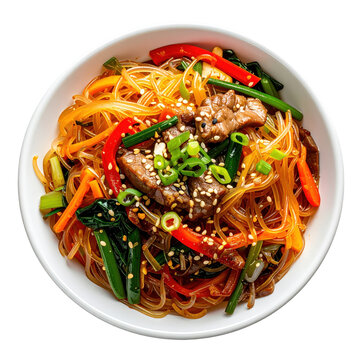 Glossy japchae noodles with soy sauce and sugar glaze, perfectly photographed and isolated on white background