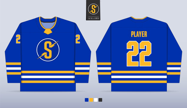 Blue ice hockey jersey mockup template design. Front view, back view hockey uniform design. Vector Illustration