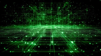 Fototapeta premium A digital landscape of green lines and glowing particles creates a futuristic, cybernetic environment.