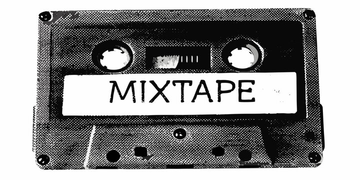 A vintage black and white image of a cassette mixtape