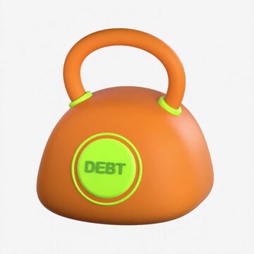 A 3D representation of a heavy orange kettlebell weight with the word DEBT written on it