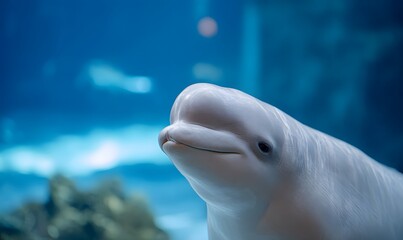 cute beluga whale face close-up, round head, gentle smile, soft expressive eyes