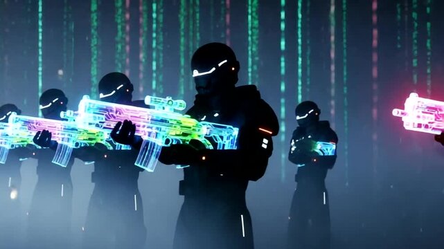 Futuristic soldiers with glowing laser guns in a digital environment.