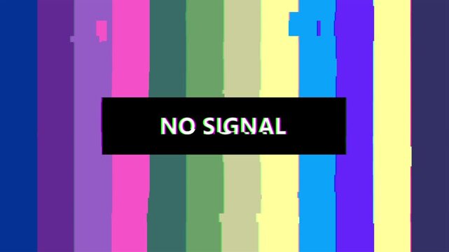 Technical difficulties on no signal screen with glitch effect and colorful vertical bars display