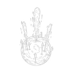 Large decorative fountain with multiple water jets spraying high into the air outdoors