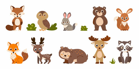 Fototapeta premium Cute cartoon forest animals including a fox bear and deer