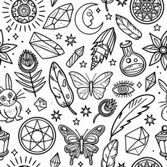 Mystical seamless pattern with crystals celestial objects and botanical elements