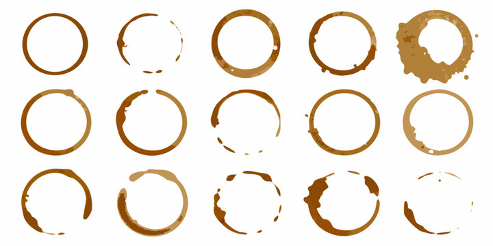 Collection of coffee rings and stains in varying shapes and intensities