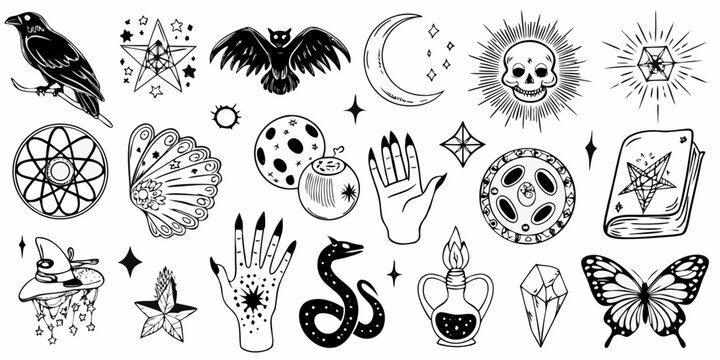 A collection of mystical symbols including ravens moons and occult imagery
