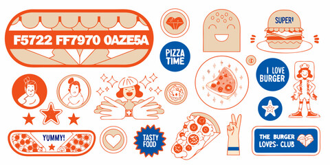 Colorful sticker collection featuring fast food characters and decorative elements