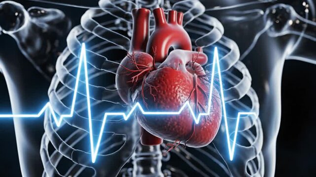 3D render of human heart and rib cage with glowing blue ECG heartbeat line
