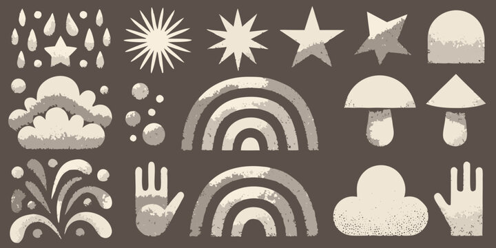 Collection of whimsical stylized shapes in a neutral color palette