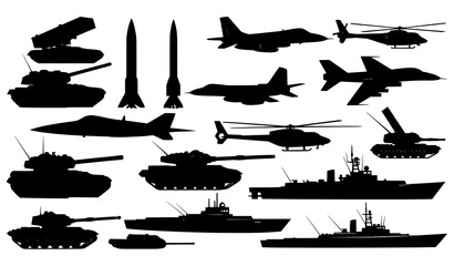 War and defense silhouette vector collection of military vehicles aircraft and naval equipment tanks jets helicopters © BijoyChandra