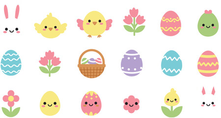 Fototapeta premium Kawaii Easter Vector Set Featuring Cute Bunny Faces, Yellow Chicks, Decorated Easter Eggs, and Spring Flowers for Holiday Greeting Cards and Seasonal Decorations