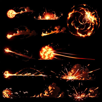 Collection of Dynamic Hand-Drawn Fireball, Explosion, and Energy Blast Visual Effects Sprites on Black Background