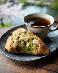 cup of coffee and matcha white chocolate scone