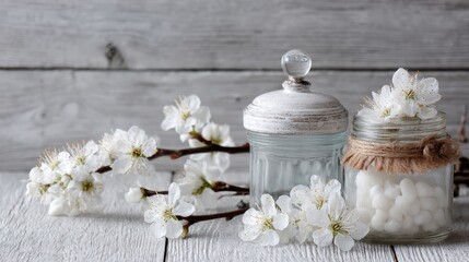 Obraz premium Spring Inspiration Background With Flowers and Glass Containers Creating a Bright and Airy Setting for Peaceful Moments
