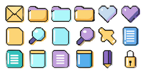Colorful pixel art icons depicting digital files folders and communication elements