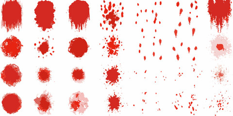 Collection of various red blood splatters and droplet shapes on white