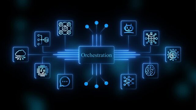 Orchestration Concept with Glowing Blue and Connections on Dark Background Representing Technology and Network Automation
