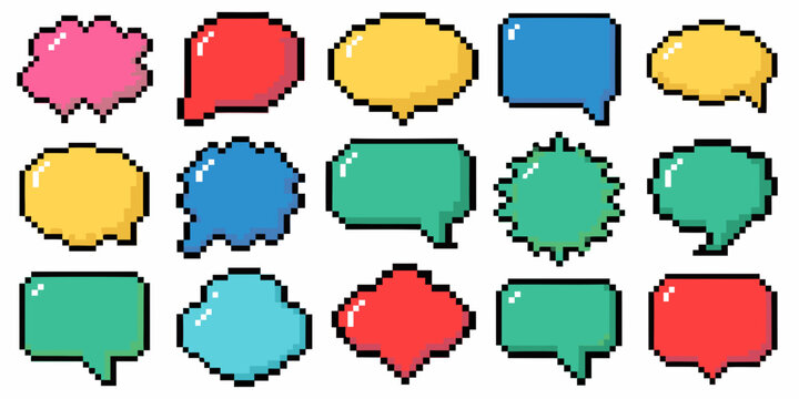 Colorful pixelated speech bubbles and thought balloons arranged in a grid