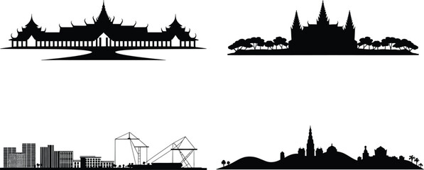 Obraz premium Asian palace and port skyline silhouette set featuring traditional architecture and cranes