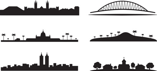 Obraz premium Historic european city, sydney bridge, tropical island, and modern cityscape silhouettes
