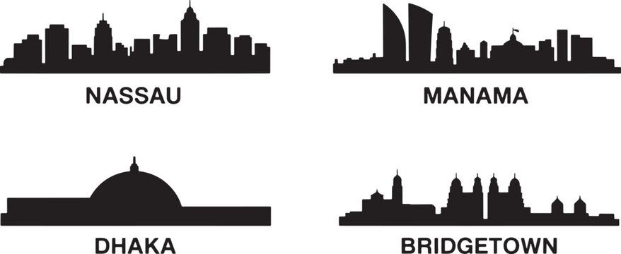 Global capital city skylines silhouettes including Nassau Manama Dhaka and Bridgetown set four