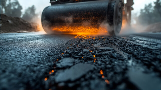 Close-up of a heavy steam roller compacting hot asphalt on a highway construction site with orange glow and steam rising from the fresh black bitumen surface
