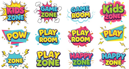 Colorful comic cartoon text stickers with kids zone, game room, play area, and happy zone typography for children design, © MostMonira