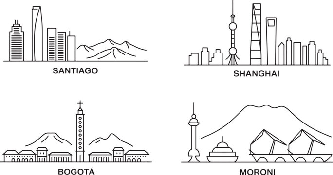 Outline city views of santiago shanghai bogota and moroni modern and traditional skylines