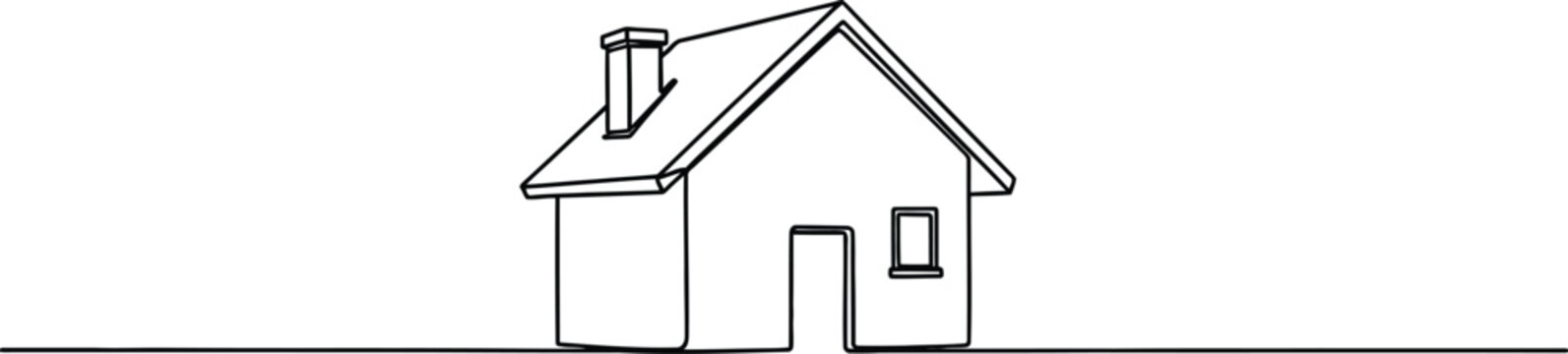 Minimalist single line drawing of a house with a chimney, a simple and elegant illustration symbolizing home, property, and architectural concepts