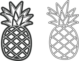 Two Simple Line Art Illustrations of a Pineapple, One Filled and One Outline Style