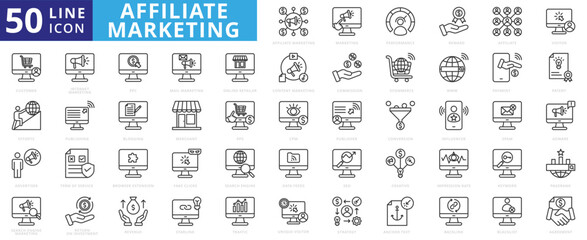 affiliate marketing icon outline pack contains spam, terms of service, browser extension, fake clicks, return on investment, unique visitor, anchor text, commission, pagerank, patent, effort, backlink