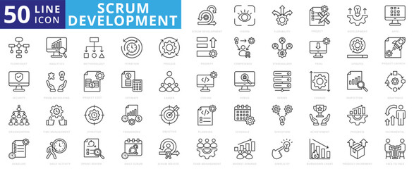scrum development icon outline pack contains collaboration, daily activity, market demand, burndown chart, face to face, adaptable, server, coding, debug, scrum master, agile, methodology, tools