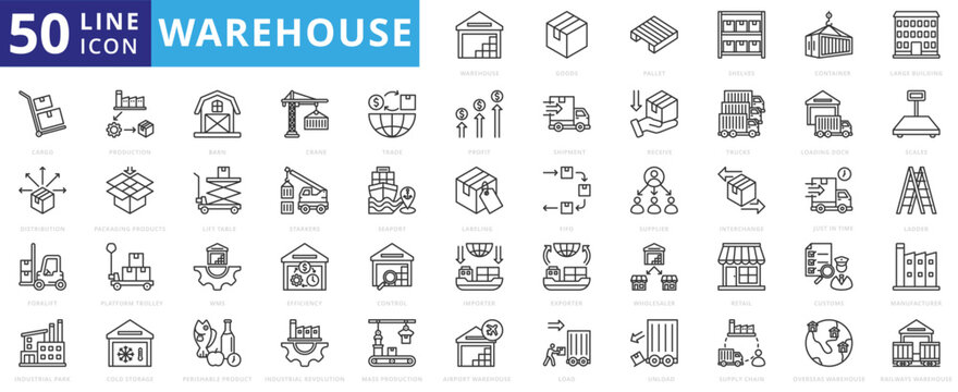 warehouse icon outline pack contains industrial park, large building, perishable product, platform trolley, just in time, loading dock, cold storage, mass production, wholesaler, importer, container