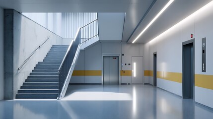 Modern staircase and elevator design in a minimalist office building interior
