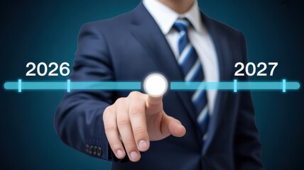 Businessman interacting with a futuristic timeline