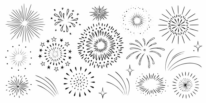 A collection of hand drawn fireworks illustrations in black and white
