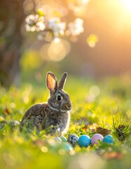 Adorable bunny sits among decorated Easter eggs on sunny, grassy field, with bokeh background