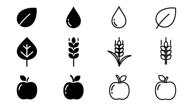 Set of nature icons: leaf, water drop, wheat, apple in black and white