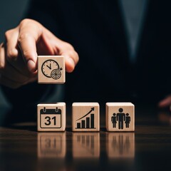 Businessman hand placing wooden cubes with business icons representing goal, time, growth and team for strategic planning.