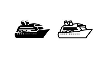 Obraz premium Chic black and white icons of a cruise ship, representing travel, vacation, and luxury at sea.