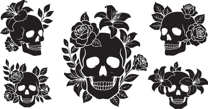Black and white skulls with floral decorations and roses