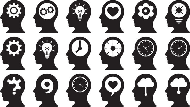 Abstract Human Heads with Symbolic Icons Representing Thoughts and Ideas