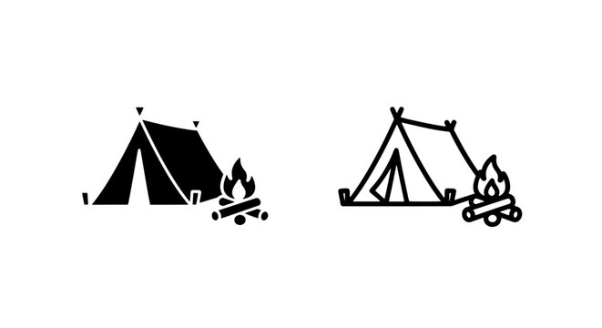 A-frame camping tent and campfire icon, showing a simple outdoor scene. Solid and outline styles available.