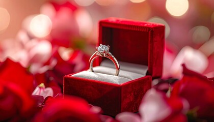 Diamond Ring in Red Velvet Box Surrounded by Red and Pink Roses with Bokeh Lighting for Wedding Anniversary Valentine's