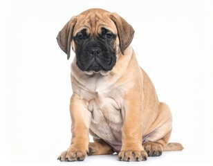 Obraz premium Adorable tan puppy with dark muzzle, sitting and staring. White background highlights the subject