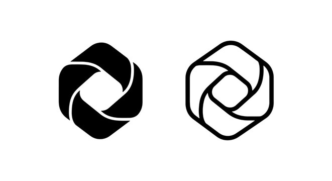 Abstract hexagonal icon with swirling lines, representing a camera aperture or rotational symmetry, in solid and outline.